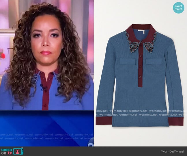 Chloe Embroidered ribbed cotton polo shirt worn by Sunny Hostin on The View