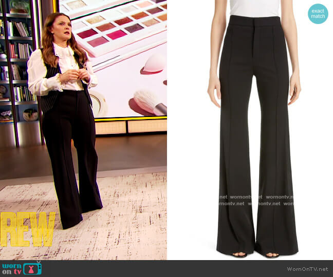 Chloe Side Stripe Pintucked Stretch Wool Flare Pants worn by Drew Barrymore on The Drew Barrymore Show