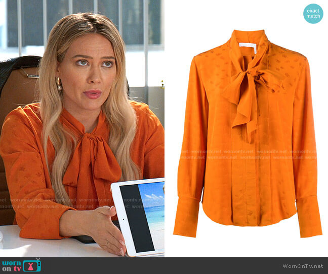 Chloe Tie-Neck Long-Sleeve Shirt worn by Kelsey Peters (Hilary Duff) on Younger