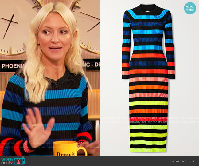 Christopher John Rogers Open-back striped ribbed-knit midi dress worn by Drew Barrymore on The Drew Barrymore Show