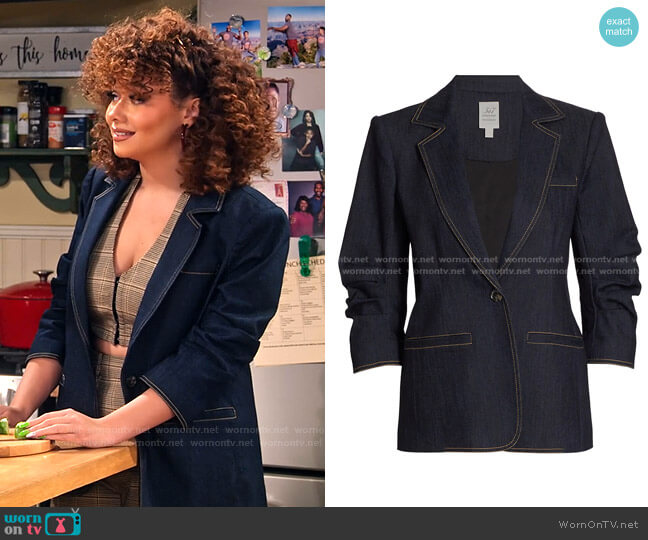 Cinq a Sept Khloe Ruched Sleeve Denim Blazer worn by Jade (Talia Jackson) on Family Reunion