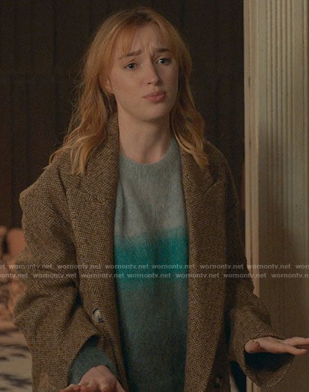 Clare’s ombre sweater and brown herringbone coat on Younger