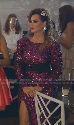 D’Andra’s purple sequin slit dress on The Real Housewives of Dallas
