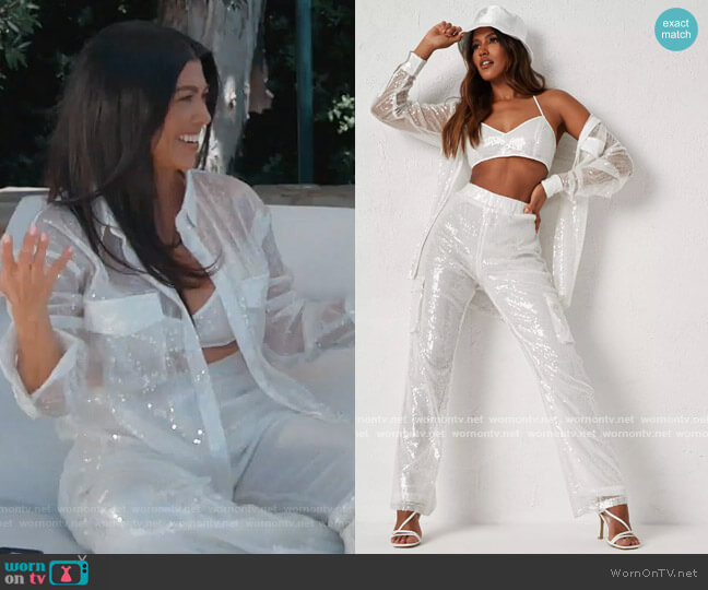 Missguided Dani Michelle x white co ord sequin bralette worn by Kourtney Kardashian on Keeping Up with the Kardashians