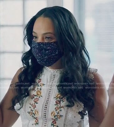 Darla’s white floral embroidered lace trim crop top on Queen Sugar