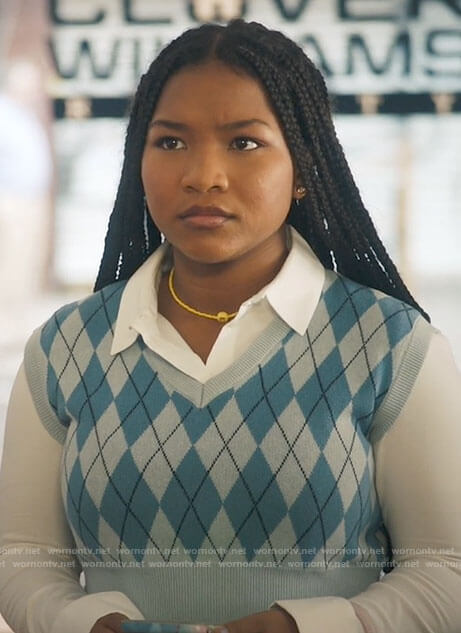 Delilah’s blue argyle vest on The Equalizer