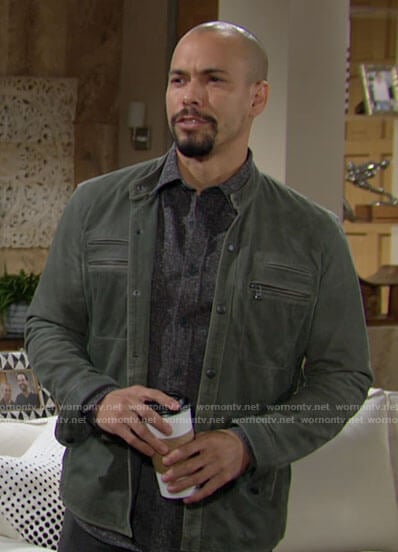 Devon’s green suede jacket on The Young and the Restless