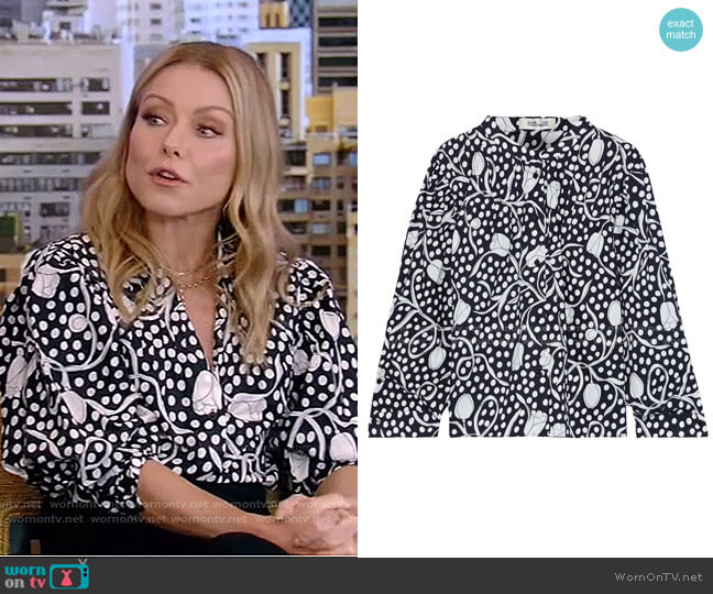 Diane von Furstenberg Britton Gathered Printed Blouse worn by Kelly Ripa on Live with Kelly and Mark