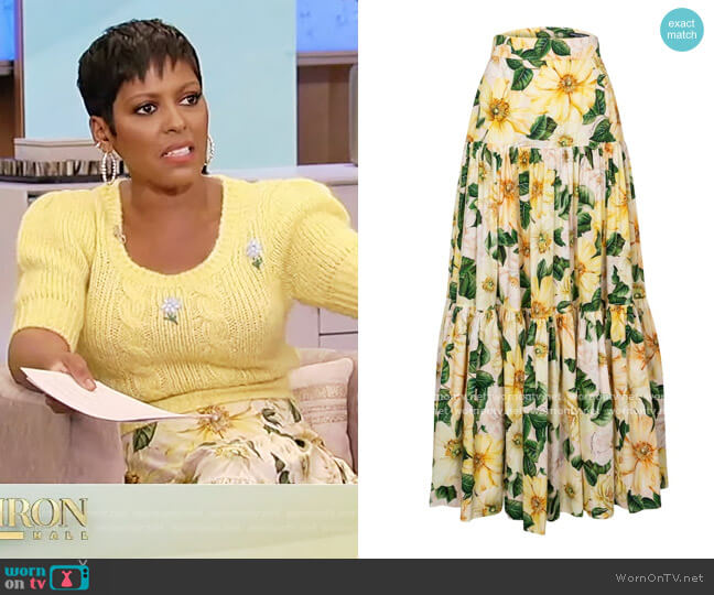 Dolce and Gabbana Camellia-Print Cotton Tiered Maxi Skirt worn by Tamron Hall on Tamron Hall Show