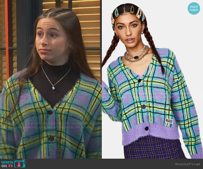 The Ragged Priest Goof Fuzzy Plaid Cardigan worn by Tess O'Malley (Sky Katz) on Ravens Home