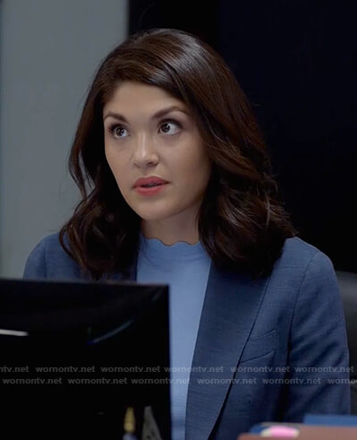 Drea Mikami’s blue scalloped neck top on Manifest