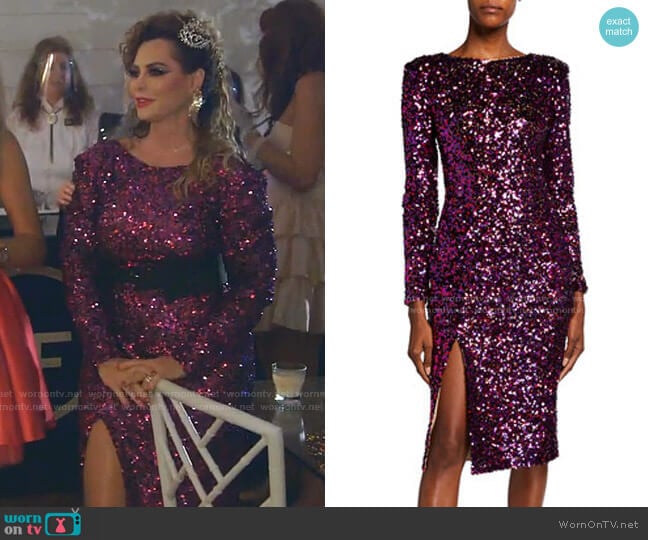 Dress The Population Natalie Sequined Thigh-Slit Dress worn by D’Andra Simmons on The Real Housewives of Dallas