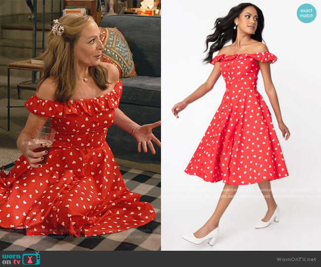 Unique Vintage Magnolia Place Red & White Heart Print Barbara Swing Dress worn by Bonnie Plunkett (Allison Janney) on Mom