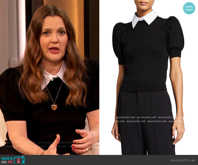 Alice + Olivia Chase Removable Collar Puff Sleeve Sweater worn by Drew Barrymore on The Drew Barrymore Show