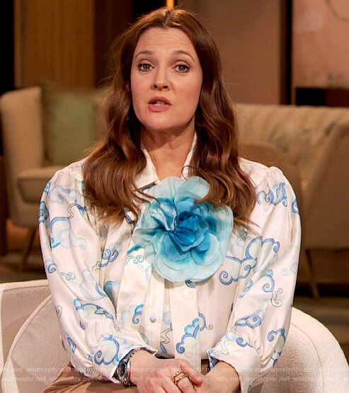 Drew’s white printed tie neck blouse on The Drew Barrymore Show