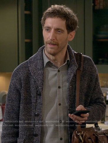 Drew’s blue shawl collar cardigan on B Positive