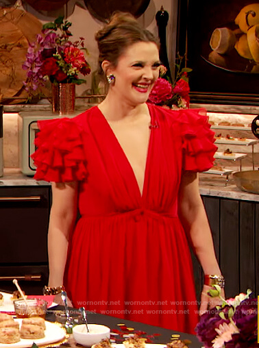 Drew’s red ruffled shoulder dress on The Drew Barrymore Show
