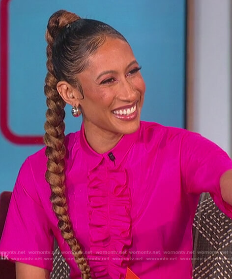 Elaine’s pink ruffle front shirtdress on The Talk
