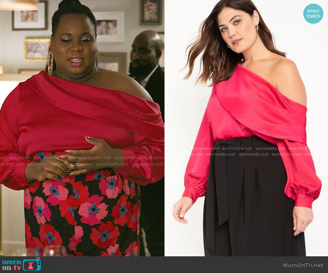 Eloquii Off the Shoulder Draped Blouse worn by Mo (Alex Newell) on Zoeys Extraordinary Playlist