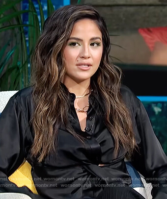 Erin’s black satin twisted blouse on E! News Daily Pop