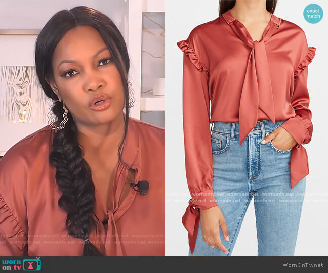 Express Satin Ruffle Tie Neck Top worn by Garcelle Beauvais on The Real