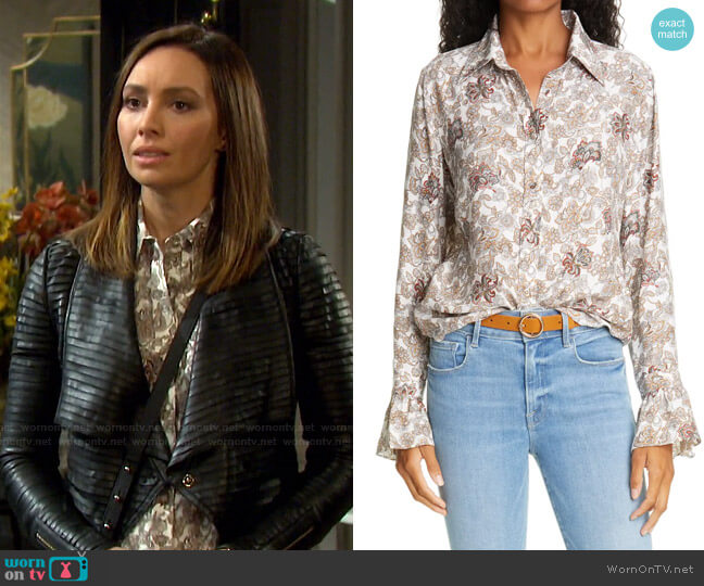Frame 70s Ruffle Silk Top worn by Gwen Rizczech (Emily O'Brien) on Days of our Lives