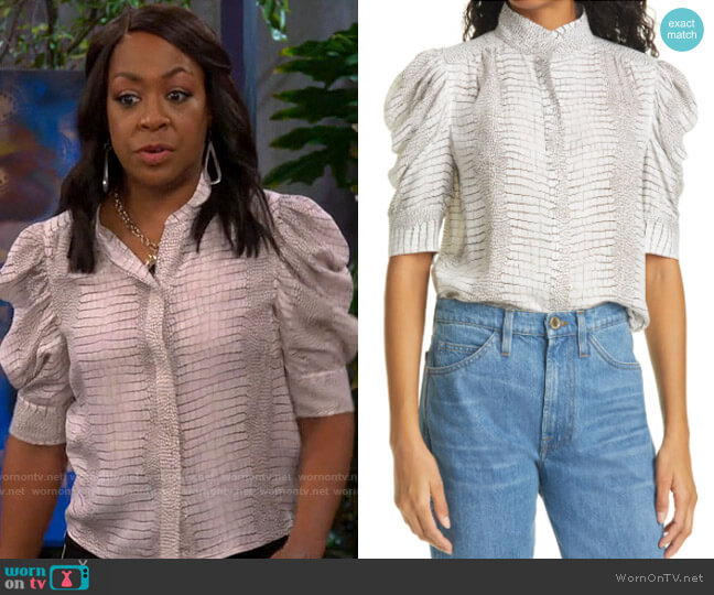 Frame Gillian Reptile Silk Blouse worn by Tina Butler (Tichina Arnold) on The Neighborhood