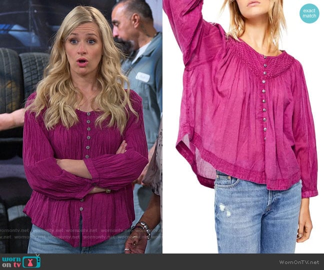 Free People Cool Meadow Top in Myrtle Magenta worn by Gemma (Beth Behrs) on The Neighborhood