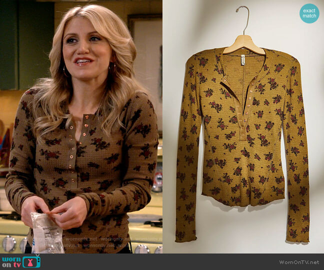 Free People One of the Girls Printed Henley in Army Combo worn by Gina Dabrowski (Annaleigh Ashford) on B Positive