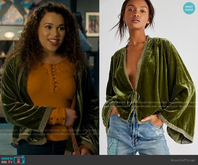 Free People Velvet Bed Jacket in Quiet Moss worn by Josefina Reyes (Mareya Salazar) on Charmed