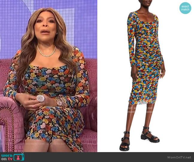 Ganni Floral-Print Long-Sleeve Shirred Mesh Dress worn by Wendy Williams on The Wendy Williams Show