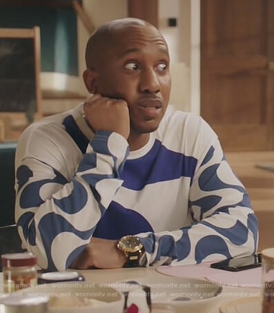 Gary’s blue printed long sleeve tee on Kenan