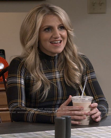 Gina’s black plaid turtleneck top on B Positive