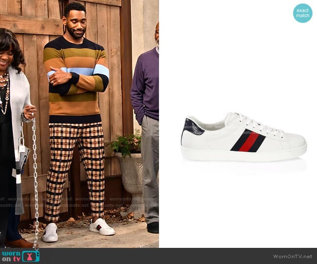 Gucci Ace Leather Sneaker worn by Moz McKellan (Anthony Alabi) on Family Reunion