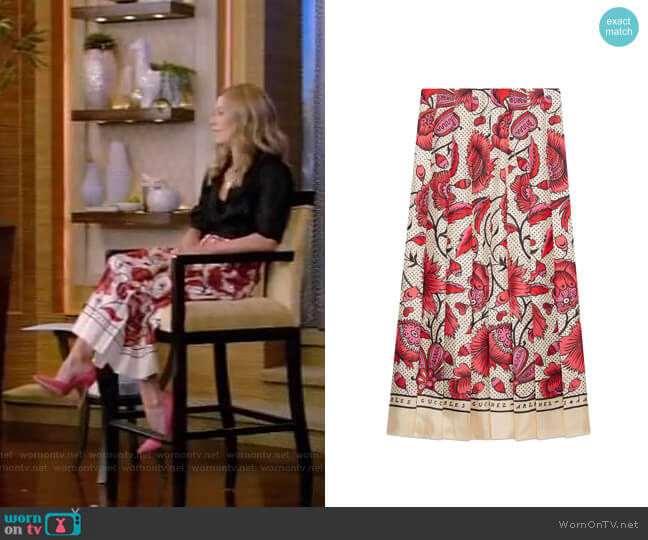 Gucci Silk Skirt with Watercolor Flower Print worn by Kelly Ripa on Live with Kelly and Mark