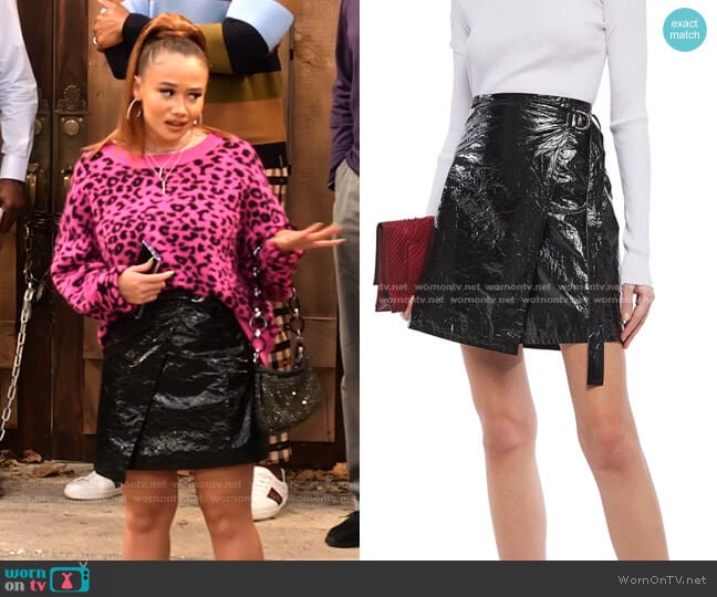 Helmut Lang Crinkled coated-canvas mini wrap skirt worn by Jade (Talia Jackson) on Family Reunion