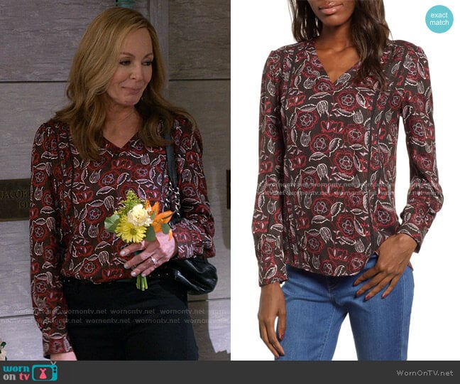 Hinge Lace Stripe V-Neck Blouse worn by Bonnie Plunkett (Allison Janney) on Mom