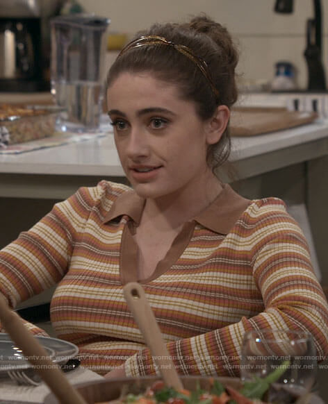 Jackie’s striped long sleeve polo top on Call Your Mother