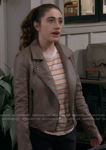 Jackie’s taupe leather moto jacket on Call Your Mother