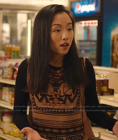 Janet’s beige embroidered top on Kims Convenience