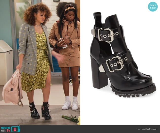 Jeffrey Campbell Craven Buckle Strap Bootie worn by Jade (Talia Jackson) on Family Reunion