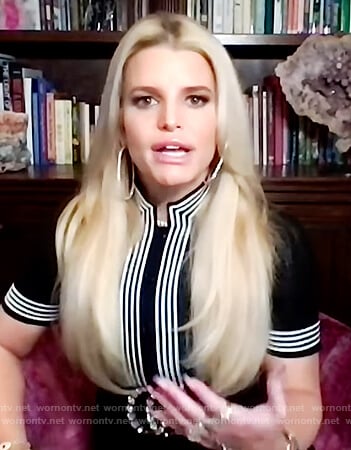 Jessica Simpson’s black stripe trim dress on The Drew Barrymore Show