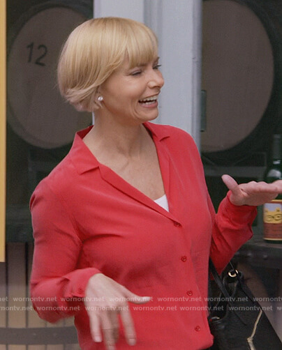 Jill’s red v-neck button down blouse on Mom