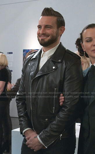 Josh’s black leather moto jacket on Younger