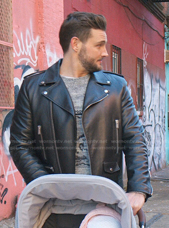 Josh’s black leather moto jacket on Younger
