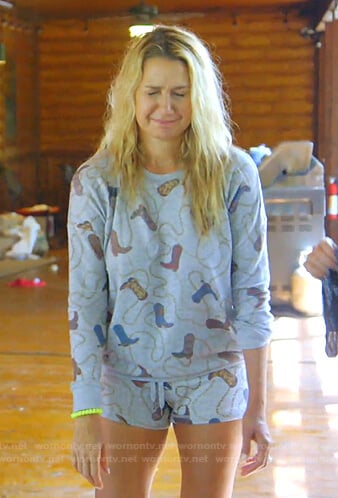 Kary’s grey cowboy boots print sweatshirt and shorts on The Real Housewives of Dallas