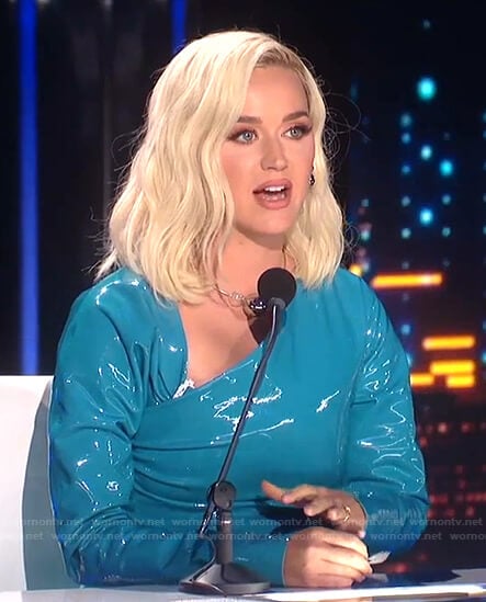 Katy’s blue asymmetric neck dress on American Idol