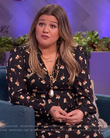 Kelly’s black floral print mini dress on The Kelly Clarkson Show
