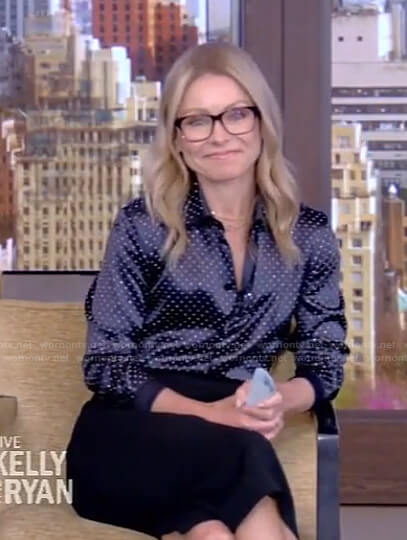 Kelly’s studded blouse and black skirt on Live with Kelly and Ryan