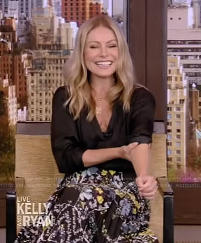 Kelly’s black floral pleated skirt on Live with Kelly and Ryan
